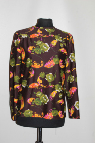 Bluză vintage anii ’70 cu print floral verde pe fond maro