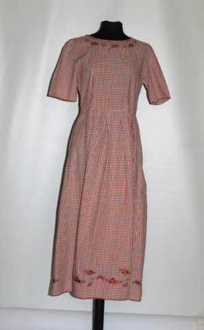 Rochie stil barn dress Anne‑Loup din pânză de bumbac cu carouri maro‑alb – anii ’90