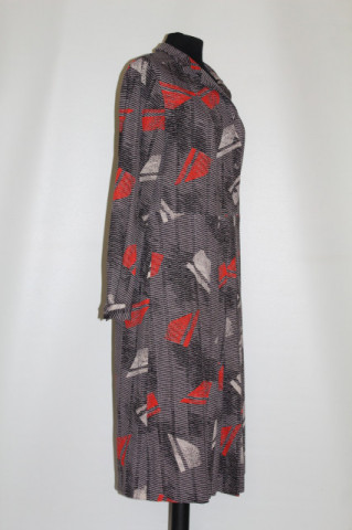 Rochie vintage print grafic gri – anii ’70, stil midi elegant - Img 5