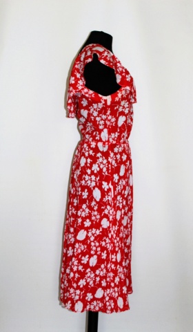 Rochie vintage roșie din bumbac – anii ’70, print floral alb - Img 3