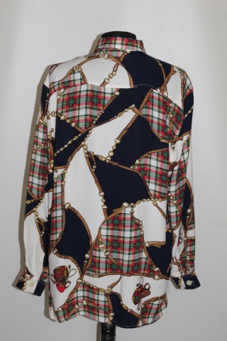 Cămașă tartan & echitație anii ’90 – viscose multicolor, retro lejeră - Img 3