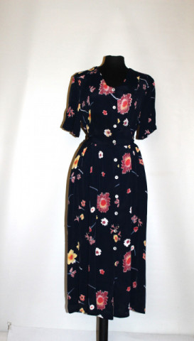 Rochie bleumarin cu print floral – vintage anii ’90, viscose