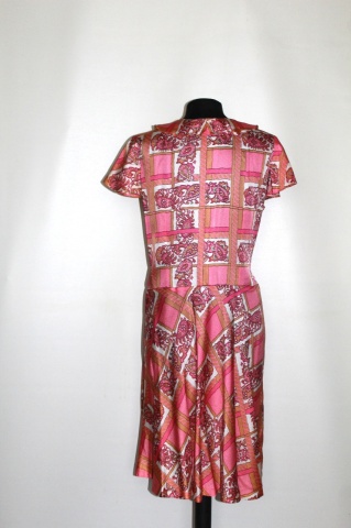 Rochie vintage roz paisley – anii ’60, mătase mixtă, realizată manual - Img 2