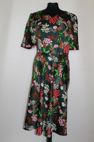 Rochie vintage verde smarald cu print floral multicolor – anii ’70