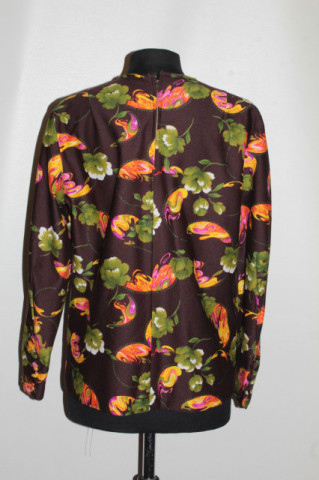 Bluză vintage anii ’70 cu print floral verde pe fond maro - Img 4
