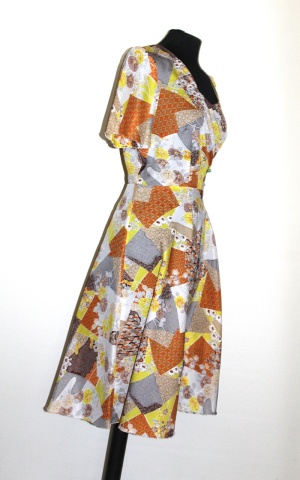 Rochie vintage cu print floral și geometric – anii ’70, tonuri galben-portocaliu - Img 4
