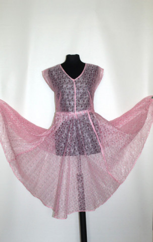 Rochie vintage din dantelă roz cu fir argintiu – anii ’70 - Img 2