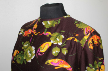 Bluză vintage anii ’70 cu print floral verde pe fond maro - Img 5