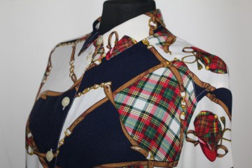 Cămașă tartan & echitație anii ’90 – viscose multicolor, retro lejeră - Img 5