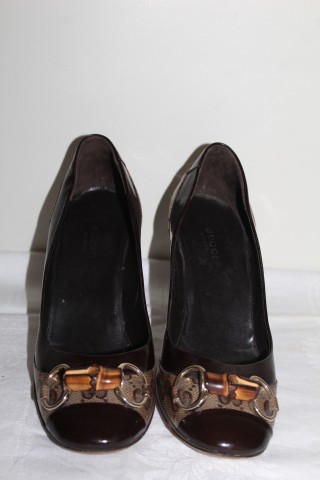Pantofi Gucci maro cu bamboo, logo și cataramă – vintage designer