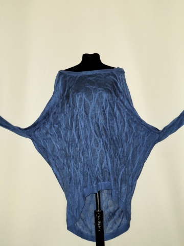 Pulover albastru ceruleum, tricot bumbac asimetric - Img 7