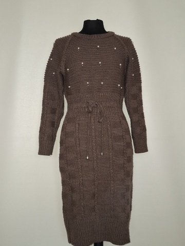 Rochie tricotată maro repro anii 70, broderie și cordon