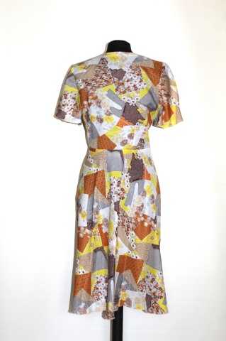 Rochie vintage cu print floral și geometric – anii ’70, tonuri galben-portocaliu - Img 2