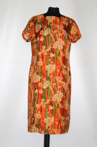 Rochie vintage print floral pictural portocaliu cu verde – anii ’60