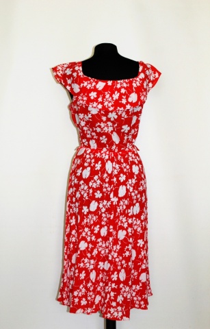 Rochie vintage roșie din bumbac – anii ’70, print floral alb - Img 4