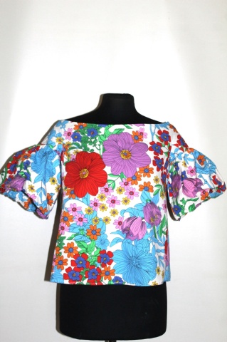 Bluză florală multicoloră repro – stil anii ’60, din poplin de bumbac