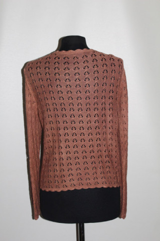 Pulover maro ajurat vintage – anii ’50, tricot manual cu nasturi îmbrăcați - Img 3