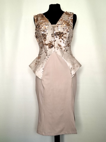 Rochie de ocazie Iza van Dee, bej cu paiete reversibile