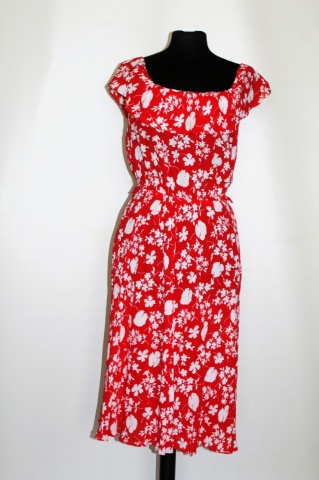 Rochie vintage roșie din bumbac – anii ’70, print floral alb