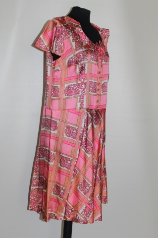 Rochie vintage roz paisley – anii ’60, mătase mixtă, realizată manual - Img 3