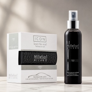 Pachet Millefiori Milano Nero – Odorizant auto Metal Shades + Spray cameră/auto 150 ml