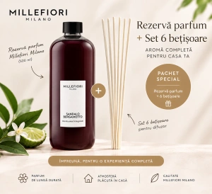 Rezervă Difuzor Millefiori Milano Sandalo Bergamotto (250 ml) + set 6 betisoare