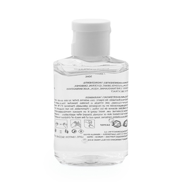 Gel igienizant pentru mâini de 50 ml, în sticlă transparentă cu dop alb