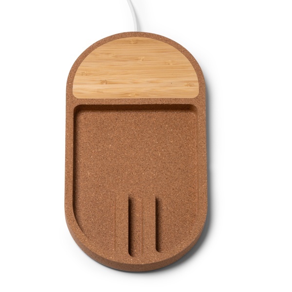 Încărcător wireless din plută și bambus integrat într-o tavă de organizare