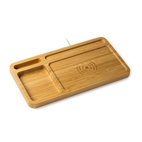 Încărcător wireless natural din bambus integrat în tava organizatoare