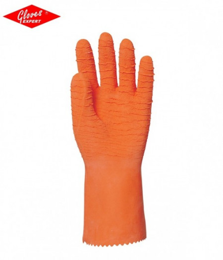 Manusi protectie din bumbac imersat în latex crep portocaliu, rezistent la acide