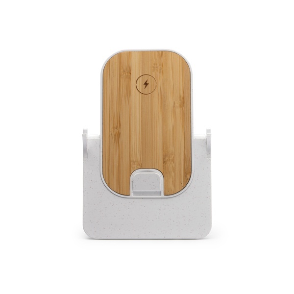 Încărcător wireless cu corp din bambus și bază din fibră de grâu