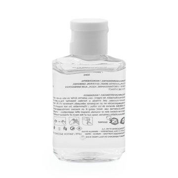 Gel igienizant pentru mâini de 50 ml, în sticlă transparentă cu dop alb