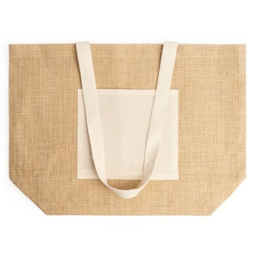 Bag in laminated jute with front pocket and long natural cotton handles - Img 1