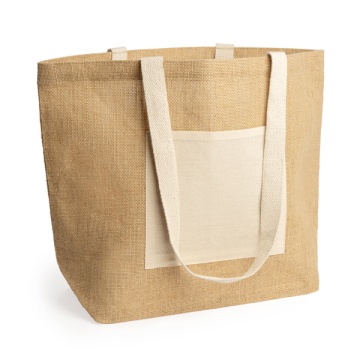 Bag in laminated jute with front pocket and long natural cotton handles - Img 2