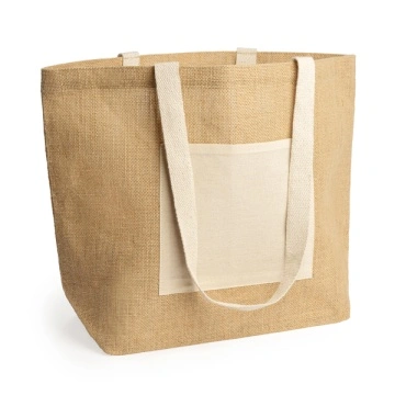 Bag in laminated jute with front pocket and long natural cotton handles - Img 2