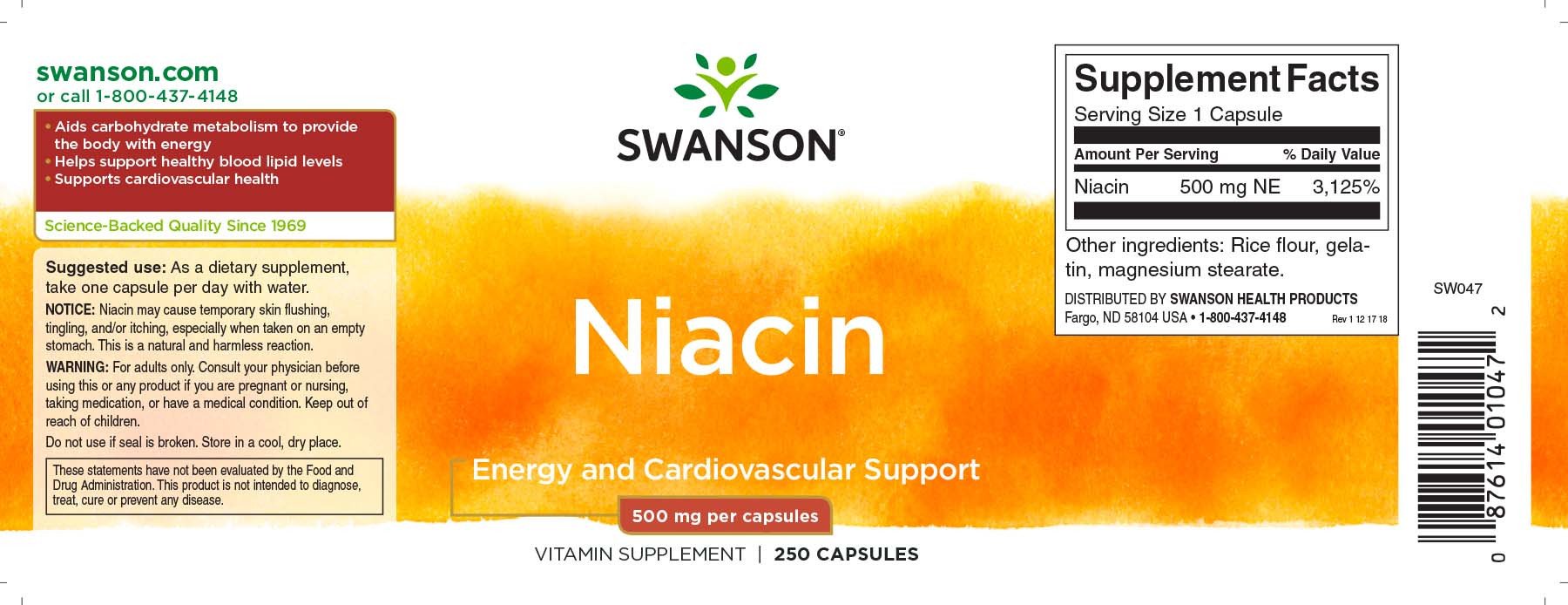 Niacin Vitamina B3 500 Mg 250 Capsule Swanson