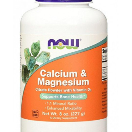 Calciu si Magneziu Citrate 1:1 Raport pudra cu vitamina D3 - 227 g Now Food