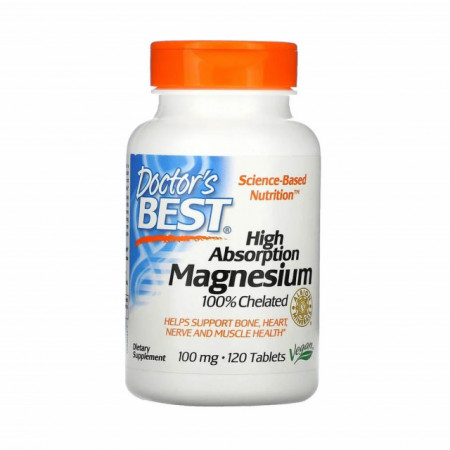 High Absorption Magnesium Glycinate 100% Chelated, 100mg, Doctor's Best, 120 tablete