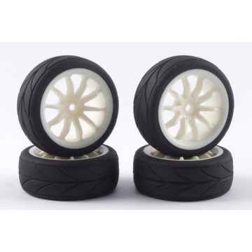 Set 4 roti pentru automodele Touring 1/10 - Anvelope profil in V, jante cu spite albe - Img 1
