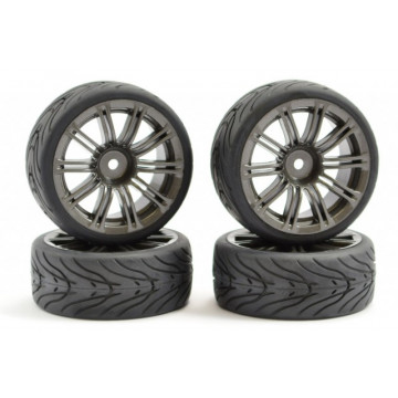 Set 4 roti pentru automodele Touring 1/10 - Anvelope profil in V, jante cu spite GunMetal t1 - Img 1