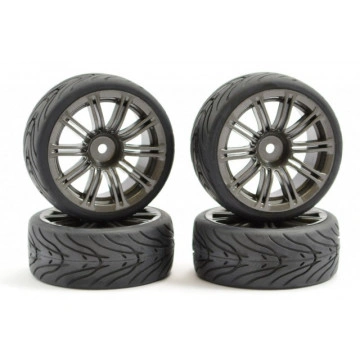 Set 4 roti pentru automodele Touring 1/10 - Anvelope profil in V, jante cu spite GunMetal t1