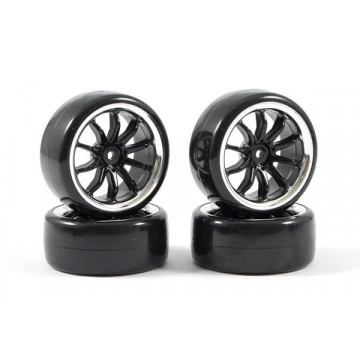 Set roti slick pentru automodele Drift 1/10- Anvelope drift pre-montate pe jante cu spite cromate-set 4 buc