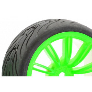 Set 4 roti pentru automodele Touring 1/10 - Cauciucuri profil in V, jante cu spite Verde Neon - Img 2
