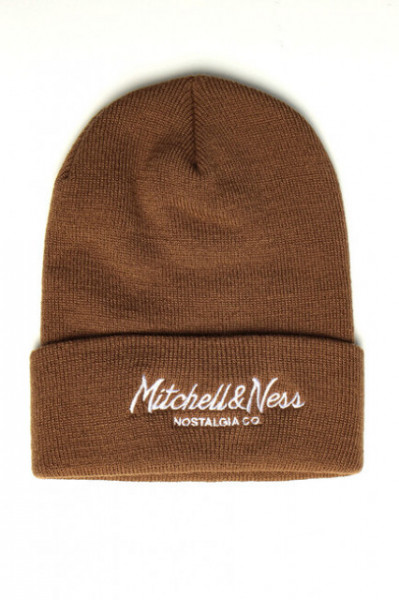 Mitchell & Ness Branded Pinscript Cuff Knit Beanie tan