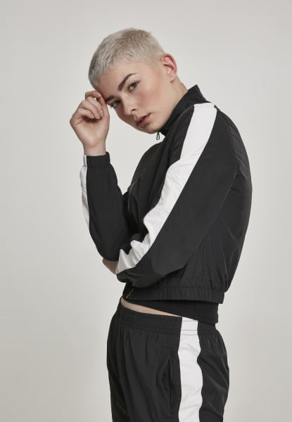Ladies Short Striped Crinkle Track Jacket blk/wht L