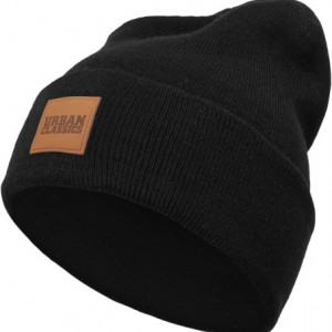 LEATHERPATCH LONG BEANIE BLACK ONE SIZE