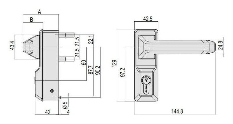 Șild cu mâner și cheie (art. 1.07A78.38.0.P1) – cote de montaj; A = 63,6 mm, B = 35,6 mm