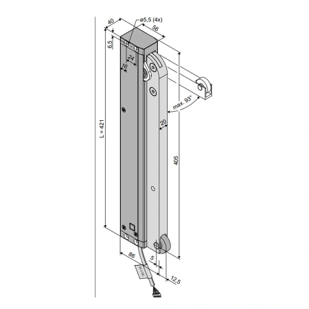 Cote de gabarit: lungime 421 mm, tub 40 × 56 mm, braț 20 × 30 × 405 mm.