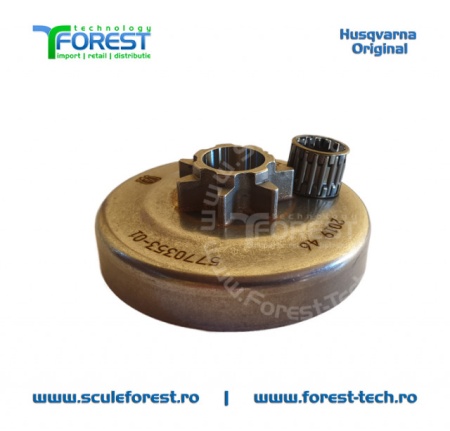Carcasa ambreiaj originala pentru drujba Husqvarna 340, 340e, 345, 345e, 350, 350e, 445, 445e, 450 cu pinion fix si rulment pas .325" - Img 5