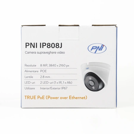 Camera supraveghere video PNI IP808J POE, 8MP, black light, lentila 2.8mm, pentru exterior, alb